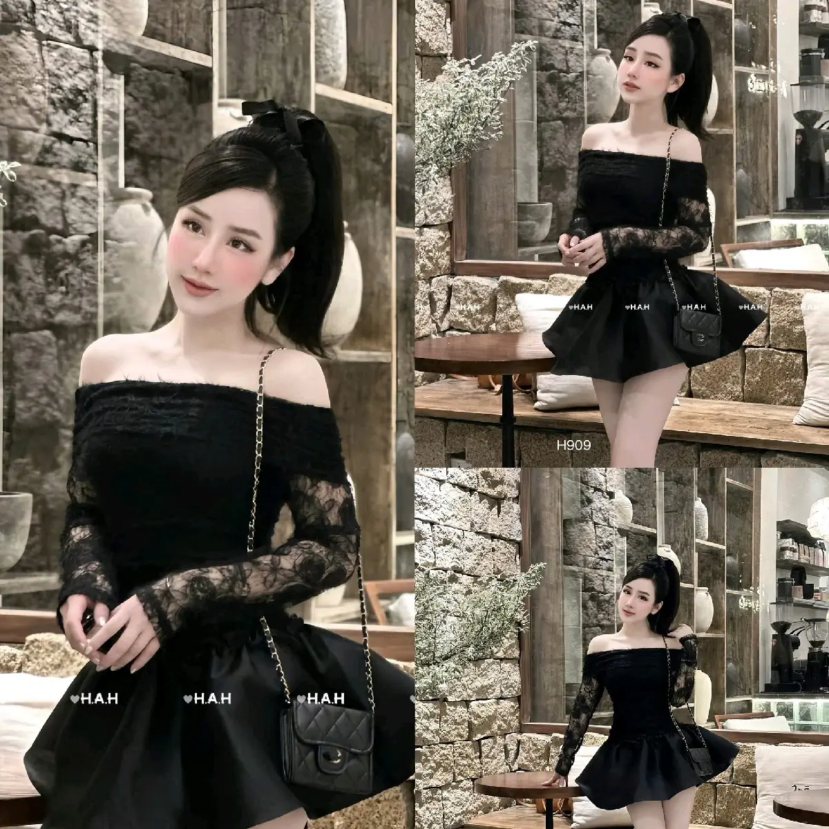 Váy Ren Lưới Trễ Vai Tay Dài Tiểu Thư Siêu Xinh.Hàng Thiết Kế Nữ Women Dress chỉ giặt tay đỏ hồng vaydodonnoel