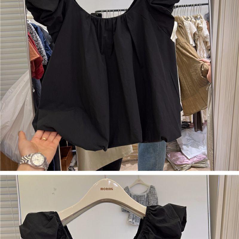 Product Introduction of French Style Flying Sleeve Shirt Female 2024 Summer New Design Sense Small Public Net Red Dew Collarbone Sweet Top Womenswear Blouse Lingerie Lady Comfort Basic Minimalist 11
