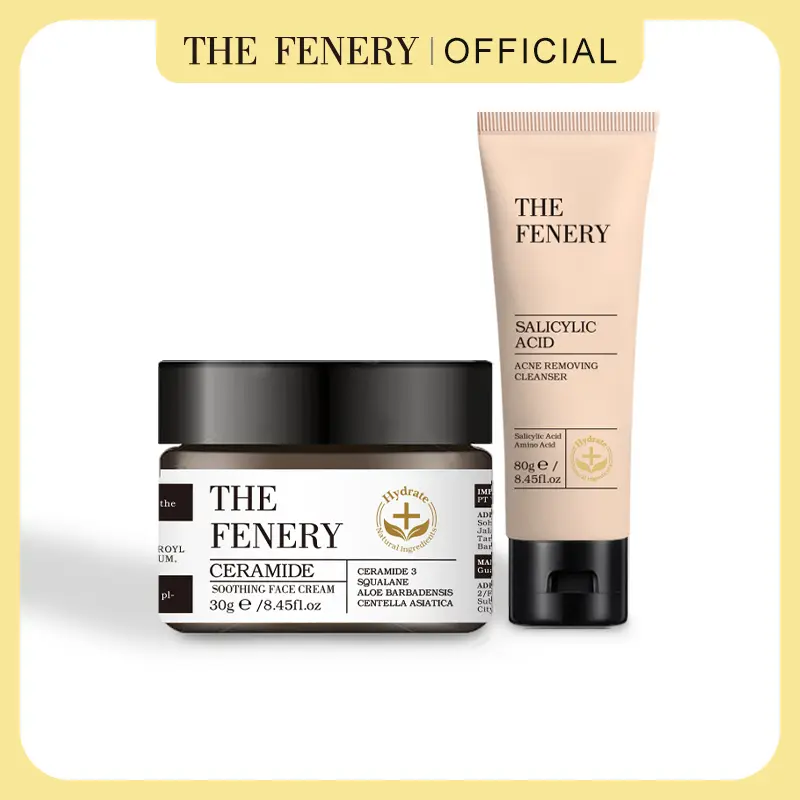 The Fenery 2pcs Ceramide Soothing Face Cream & Salicylic Acid Cleanser - Facial Wash Face Wash Jerawat Komedo Sabun Cuci Muka Pembersih Wajah Face Cleanser Ceramide Moisturizer Skincare Pelembab Wajah Memperbaiki Skin Barrier