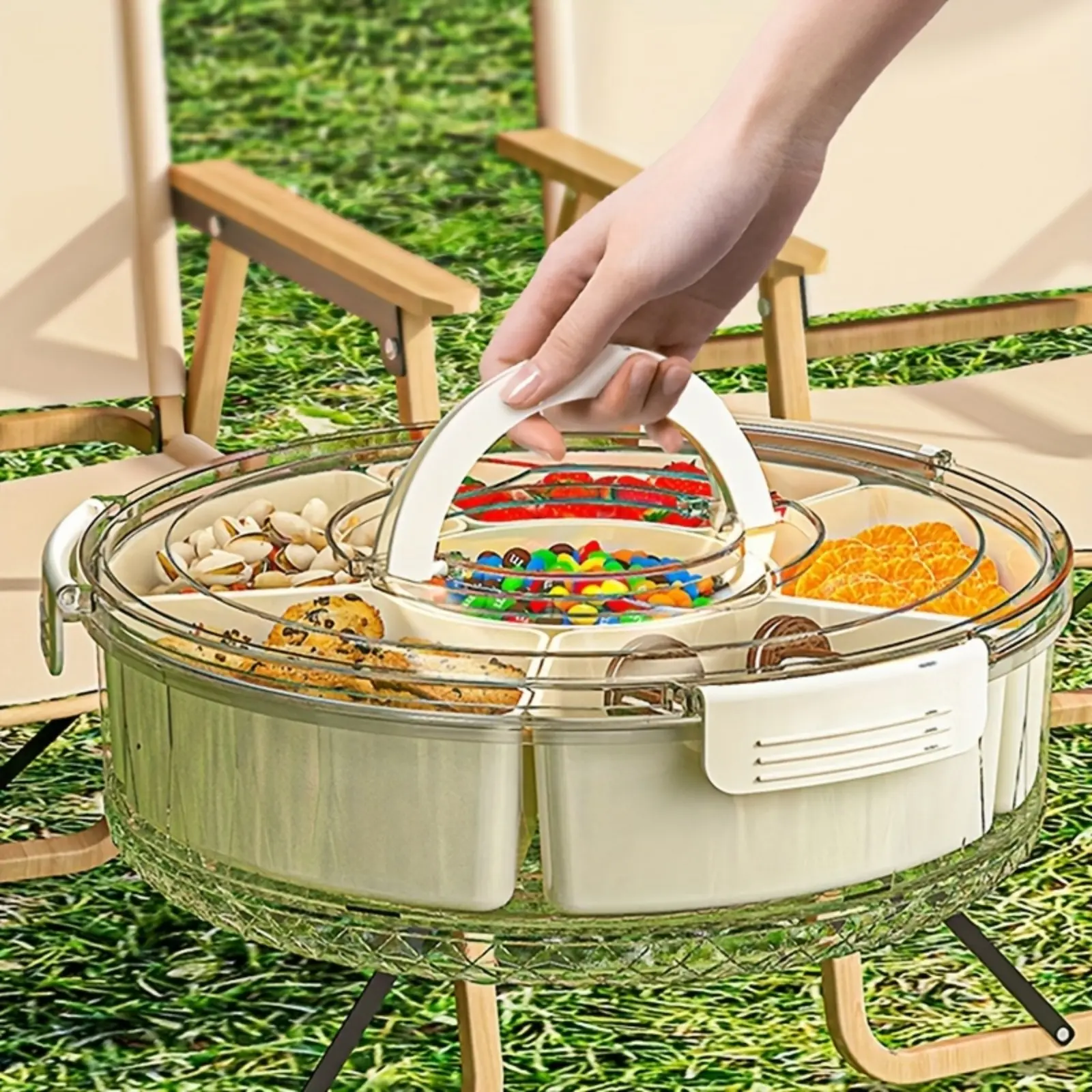 1 Piece Rotating Snack Tray with Lid, Round Plastic Food Storage Organizer for Nuts, Dried Fruits, Candies - Perfect for Home, Party, Wedding, Great for Thanksgiving, Valentine's Day, Graduation Gift