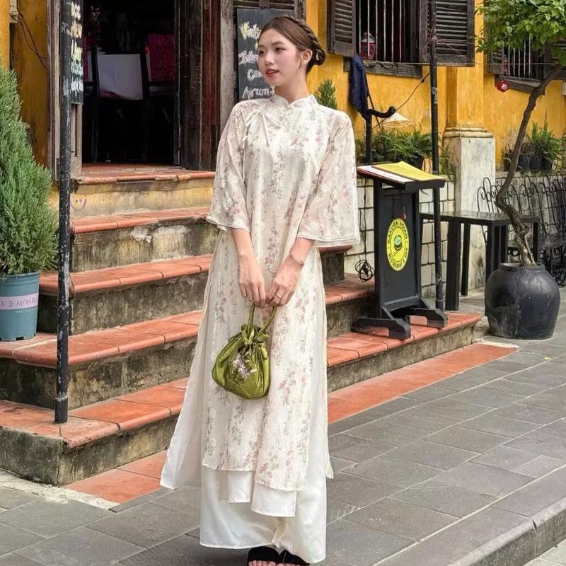 Áo dài voan tơ BẠCH VŨ in hoa phối thắt nơ đôi 7