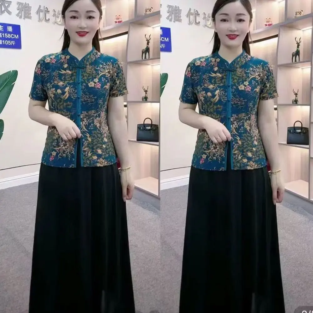 Váy Dài Trung Bình Thiết Kế Chắp Vá Cổ Điển Phong Cách Trung Quốc Thời Trang Và Thanh Lịch, Mỏng Vừa Vặn Cao Cấp, Sườn Xám Cải Tiến, Váy Giả Hai Mảnh, Quần Áo Của Mẹ