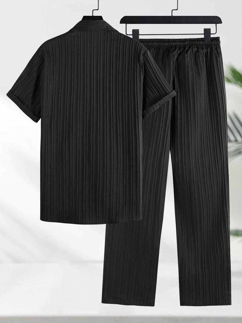 Product Introduction of Two-piece Set Men's Solid Textured Button Front Shirt & Drawstring Waist Pants, Loose Casual Short Sleeve Collared Top & Pocket Trousers for Beach Vacation, Men's Two-piece Outfits for All Seasons 13