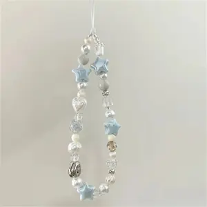 Sell_a_Case INS Korean mobile phone lanyard camera mobile phone strap wrist strap acrylic beads blue star pearl anti-lost lanyard pendant