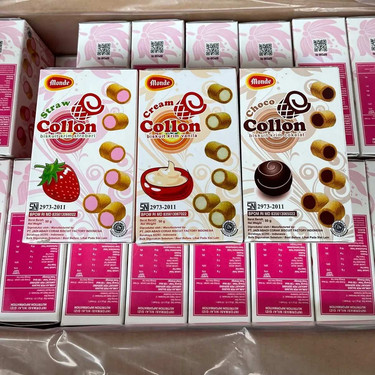 Agen distributor makanan ringan snack cemilan biskuit Monde collon krim cokelat vanila strawbery hampers ultah goodie bag anak murah