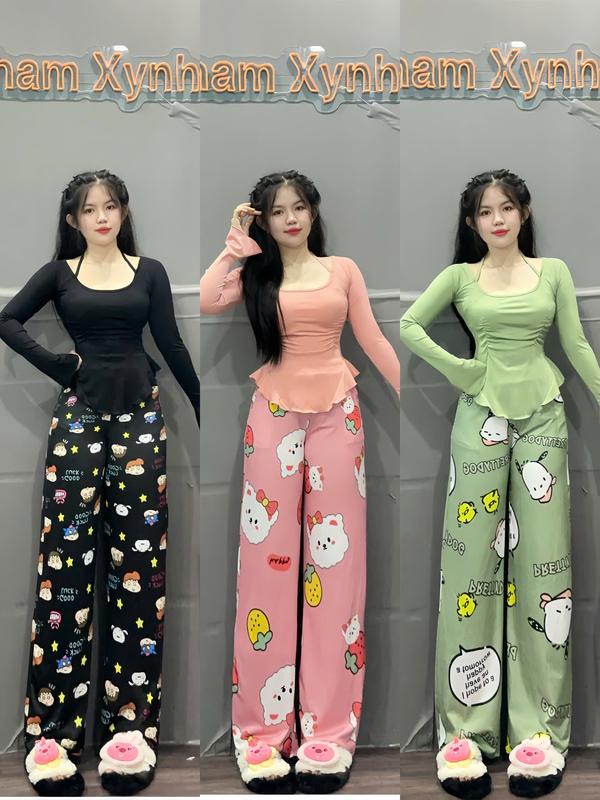 Bộ áo trơn mix 2 dây vạc bèo + quần thun in hình cute - Bigsize - Nữ - Nhung