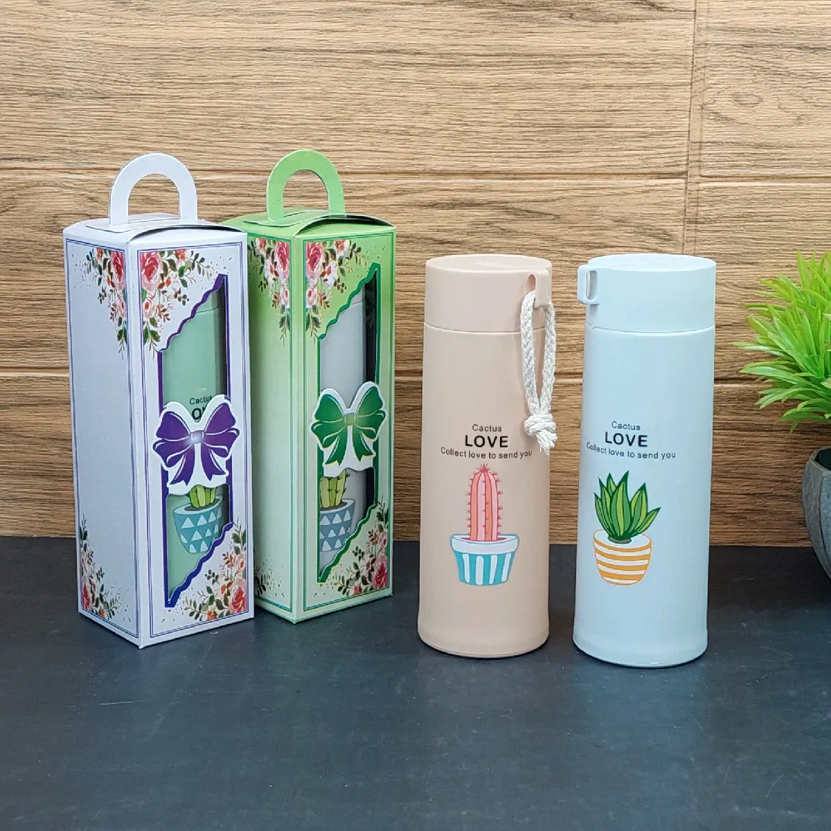 Botol/ Tumbler Kaktus 420 ml Kemasan Box Tenteng Motif Bunga