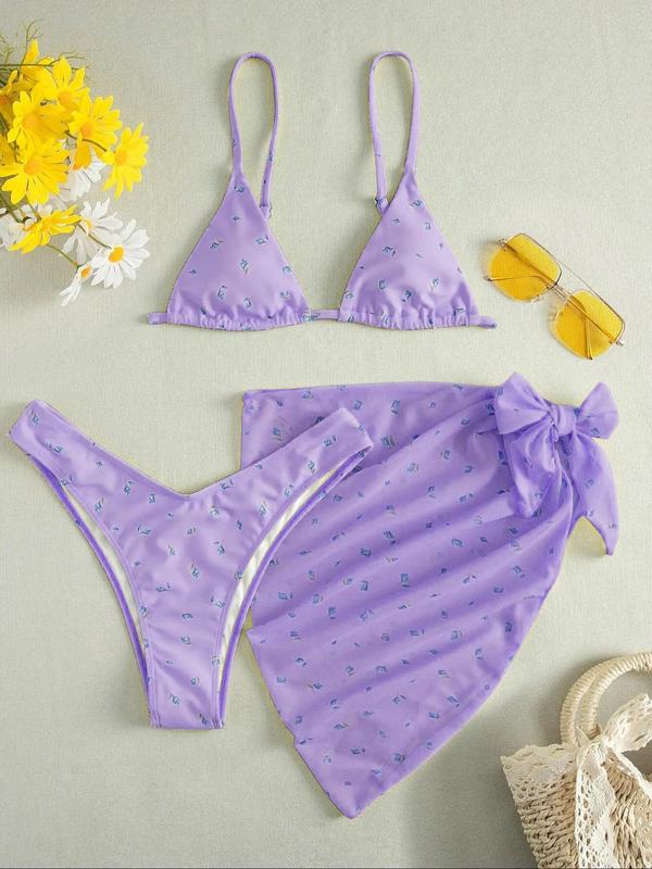 Three-Piece Set Women's Ditsy Floral Print Bow Decor Swimsuit Set, Summer Clothes Women, Adjustable Strap Triangle Bikini Bra & High Cut Bikini Panty & Asymmetrical Cover Up Skirt Set, Women's Swimwear 1
