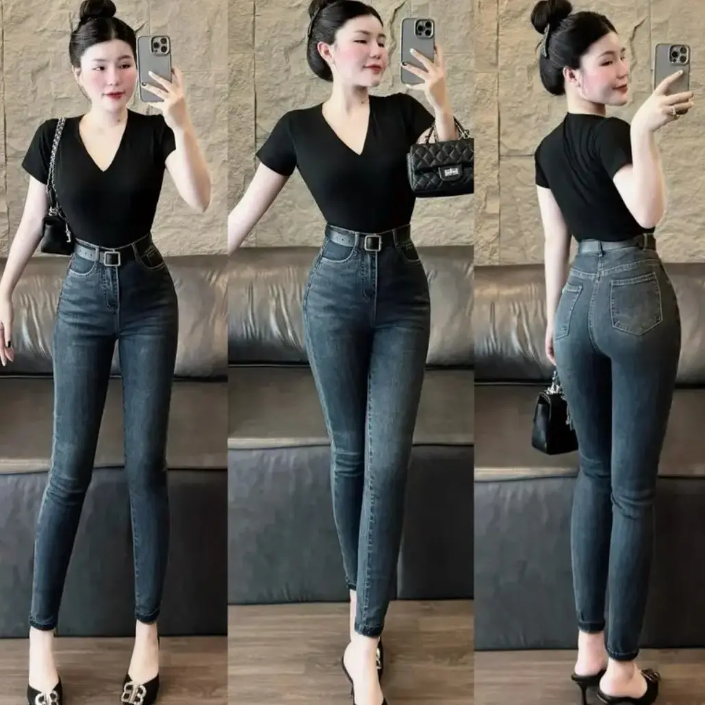 Quần jean ôm co dãn lưng cao màu bụi chuẩn form [ảnh thật]