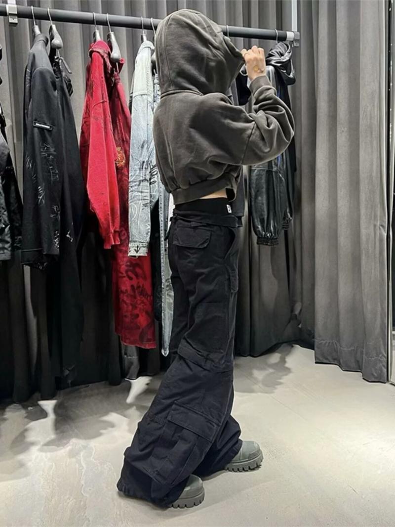Product Introduction of Cotton Overalls New Large Loose Pockets Overalls Casual Pants Men's Korean Style Trendy All-Matching Pants Summer Thin Draping Wide-Leg Draggle-Tail Trousers Black 3