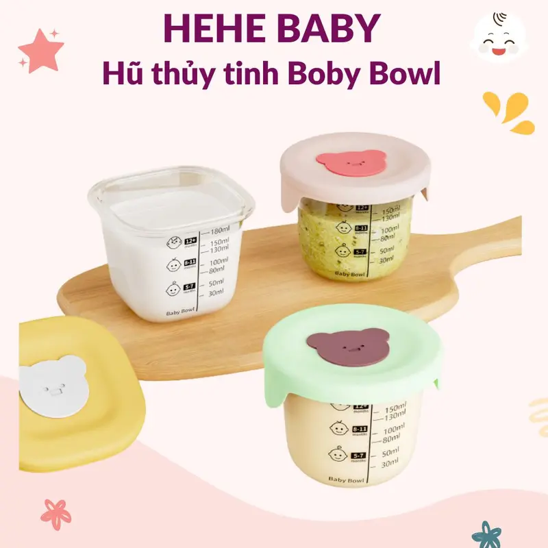 Hũ thủy tinh Boby Bowl vuông vạch chia 180ml, hộp trữ đông, hũ đựng đồ ăn dặm cho bé có vạch chia tiện lợi 0