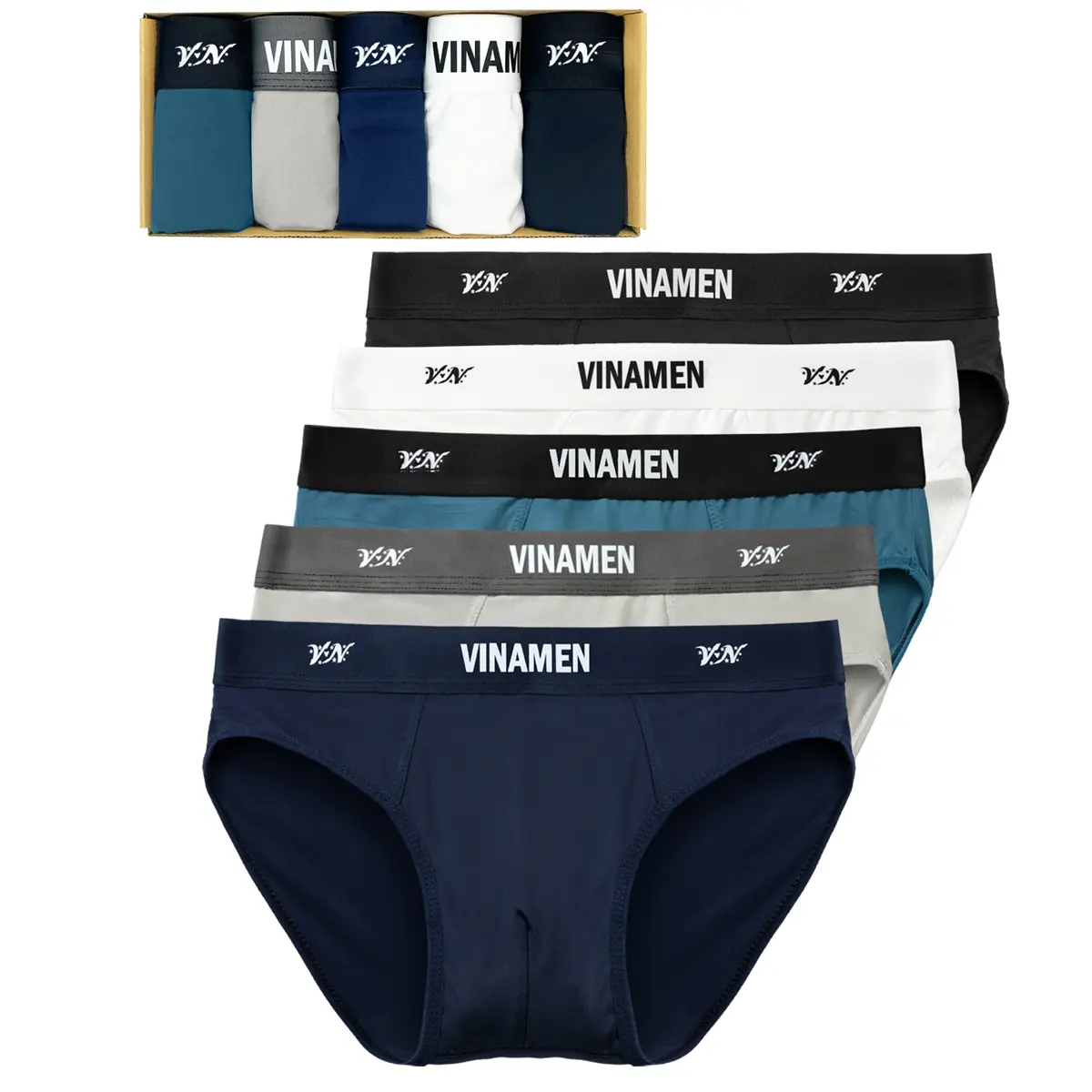 Hộp 5 quần lót nam thun lạnh, quần sịp nam VINAMEN co dãn 4 chiều thoải mái, quần chip nam mềm mịn thoáng mát, đồ lót thấm hút tốt, Boxer
