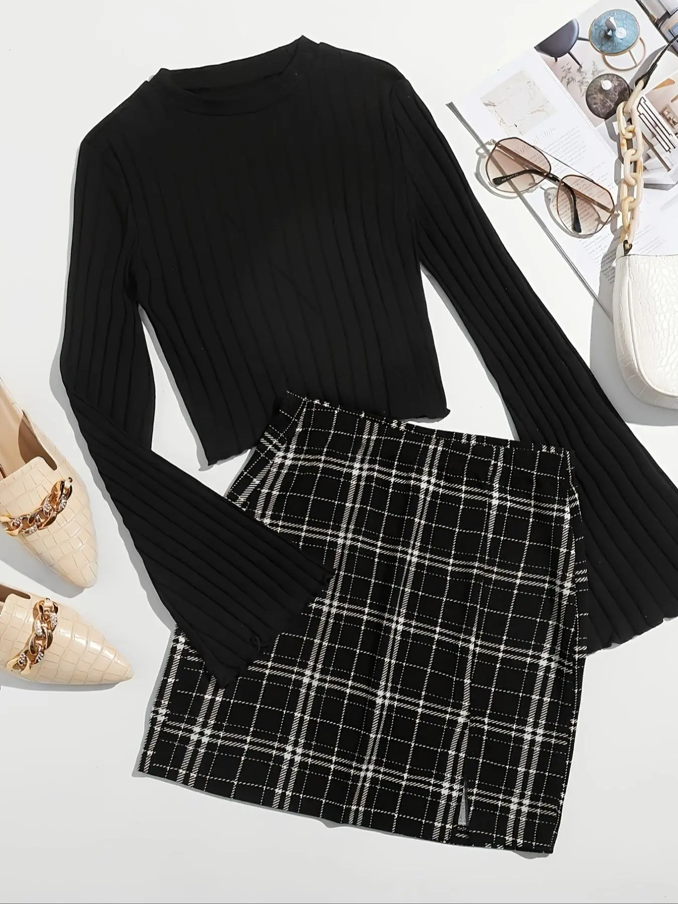 Women's Plaid Print Top & Skirt Two-piece Set, Elegant Fashion Casual Long Sleeve Top & Skirt for Daily Outdoor Wear, Women's Clothing for Spring & Fall