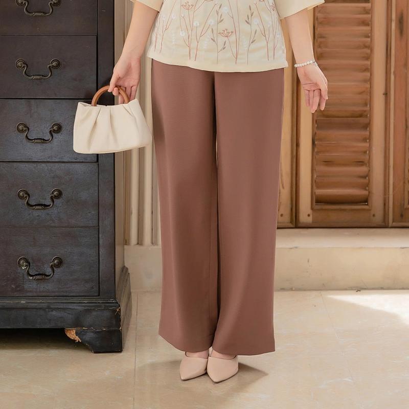 GUMOM - Quần Trung Niên Nữ U50 U60 Quần dài trắng ống rộng dáng suông lưng thun một mặt Quan trung niên cao cấp cho mẹ Nhung Ong Áo Nhung Ong Áo Women Pants