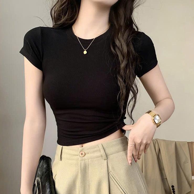 Áo Thun Nữ Dáng Vừa Phom Ôm Ngắn Tay Thun Zip Lụa QC Cotton Cổ Tròn ôm Women