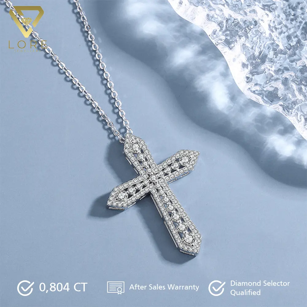 Lore Jewellery - Kalung Moissanite Lapis Emas Putih 18K - Big Cross Moissanite Necklace 0.9 CT