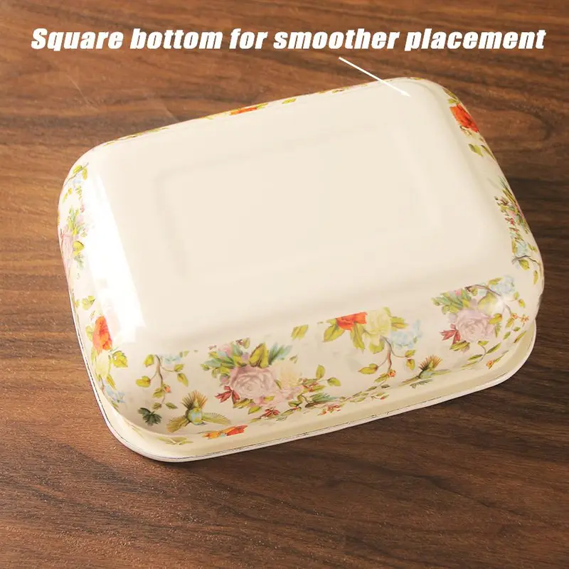 Vintage Floral Pattern Enamel Bread Box, Enamel Butter Dish with Lid, Salad Preserving Container for Kitchen Canteen, Summer Gift 8