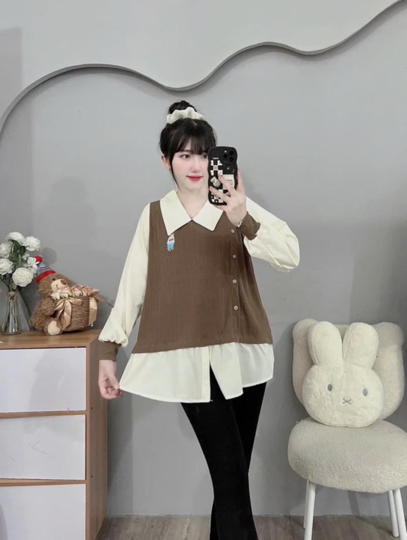 Product Introduction of áo bầu babydoll hàn quốc giả 2 lớp sang chảnh, áo bầu thêu gấu cute freesize 10