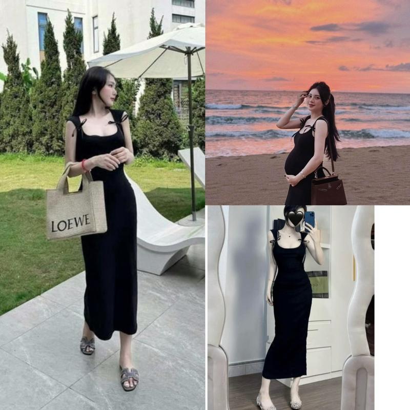  Đầm hai dây cột nơ lụa cổ u dáng dài siêu tôn dáng - bầu bì bon chen Được - thun borip H654   Dress Women 