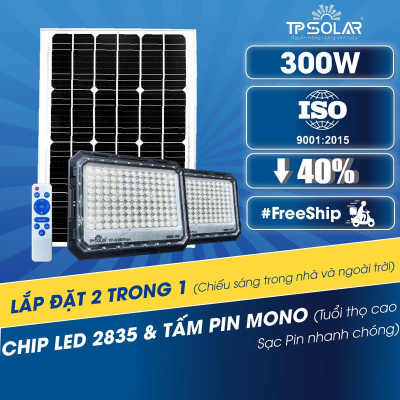 [ĐÈN PHA CHỐNG CHÓI CÔNG SUẤT 300W][1 TẤM PIN 2 ĐÈN]Đèn pha chống chói 1 tấm pin 2 đèn năng lượng mặt trời TP solar Công suất 300W TP-N300 Plus Pin MONO Sạc Nhanh, Cảm Biến Ánh Sáng, đèn solar đèn năng lượng mặt trời