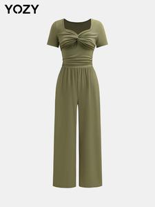 YOZY Women's Plain Twist Front Ruched Ribbed Jumpsuit, Casual Sweetheart Neck Short Sleeve Jumpsuit for Summer, Women's Clothing for Daily Wear