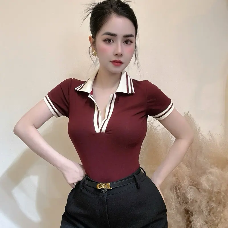 Áo Thun Zip Nữ Cổ Polo Tay Ngắn Viền Bo Tay E3