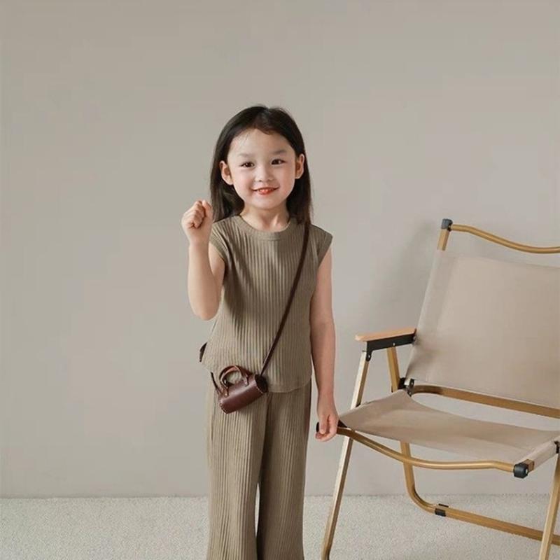 Bear Leader Summer Solid Color Baby Girls Casual Clothing Sets Sleeveless Round Neck T-shirt Top and Wide Leg Pants Suit 2-7 Years Old Pit Striped Kids Clothes 7