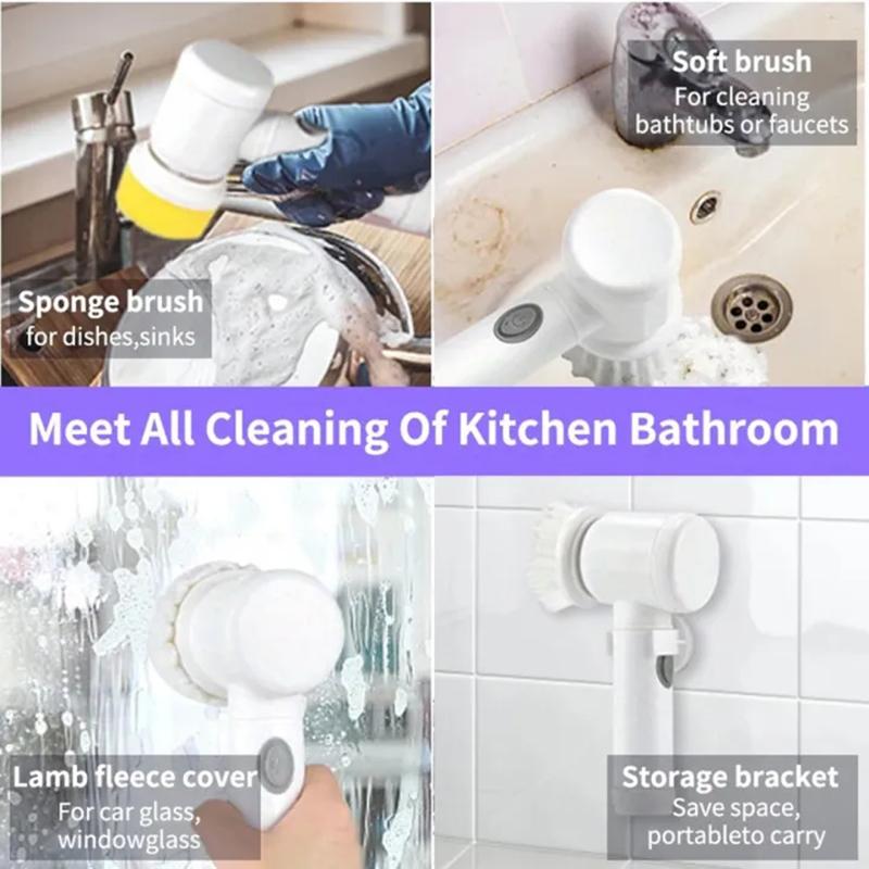 Electric Cleaning Brush 5 in 1 Cordless Rechargeable Electric Cleaning Spin Scrubber Brush Household Multifunctional Handheld Electric Scrubbe Cleaning Brush Sponge Tool Wool 1