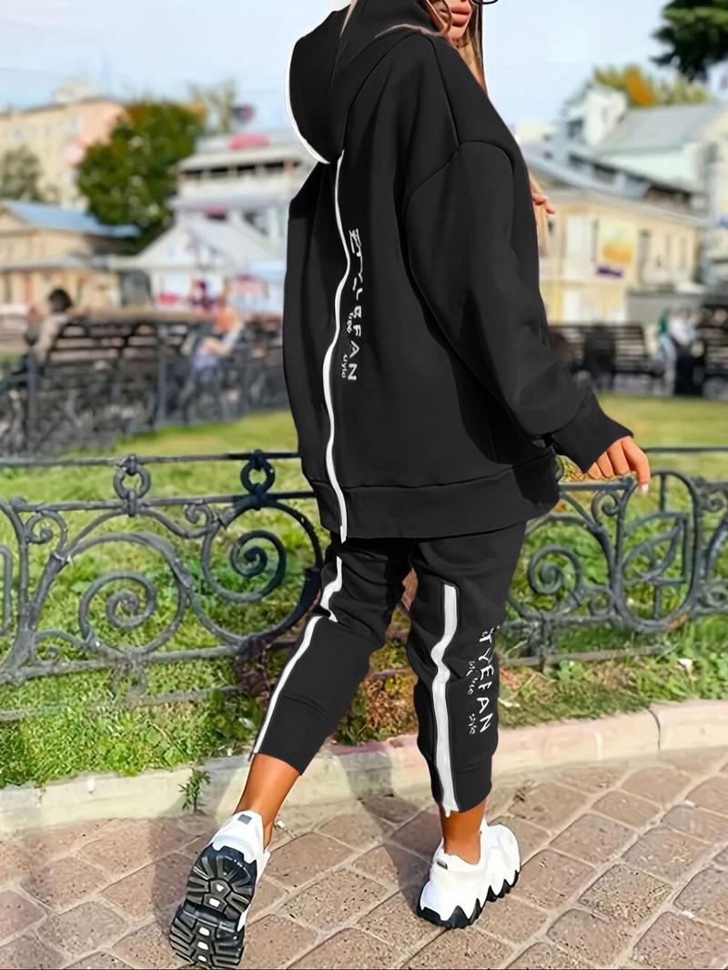 Product Introduction of Women's Letter Print Drop Shoulder Zip Up Hoodie & Pants Two-piece Set, Outfits 2 Piece Set, Casual Fashion Cozy Breathable Two Piece Outfits for Daily Outdoor Wear, Women Clothes for Fall & Winter 4
