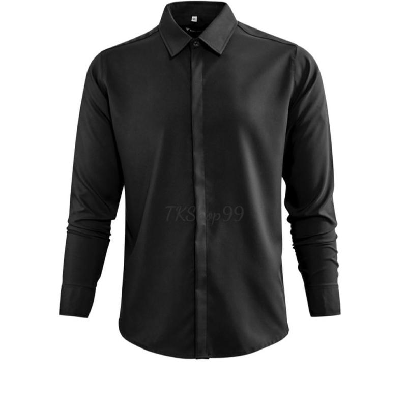 Áo Sơ Mi Nam Trắng Đen Trơn Màu Lụa Dài Tay Nẹp Cúc Chống Nhăn Menswear Nam Có Cổ Trơn Đen Cổ Tròn 5