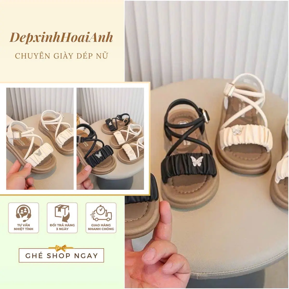 Dép Sandal Bé Gái QC Đính Tag B Siêu Xinh, Quai Hậu Dây Chéo êm Mềm Chân Cho Bé - Đen/Trắng (Size 26-35) Voi