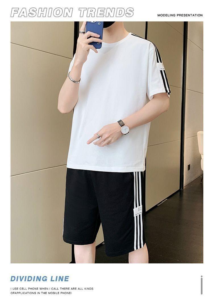 Product Introduction of Summer Men's Fashion Set Trendy Full Set Casual Loose Stylish Shorts Set One Complete Set with Three Stripes Sports 15