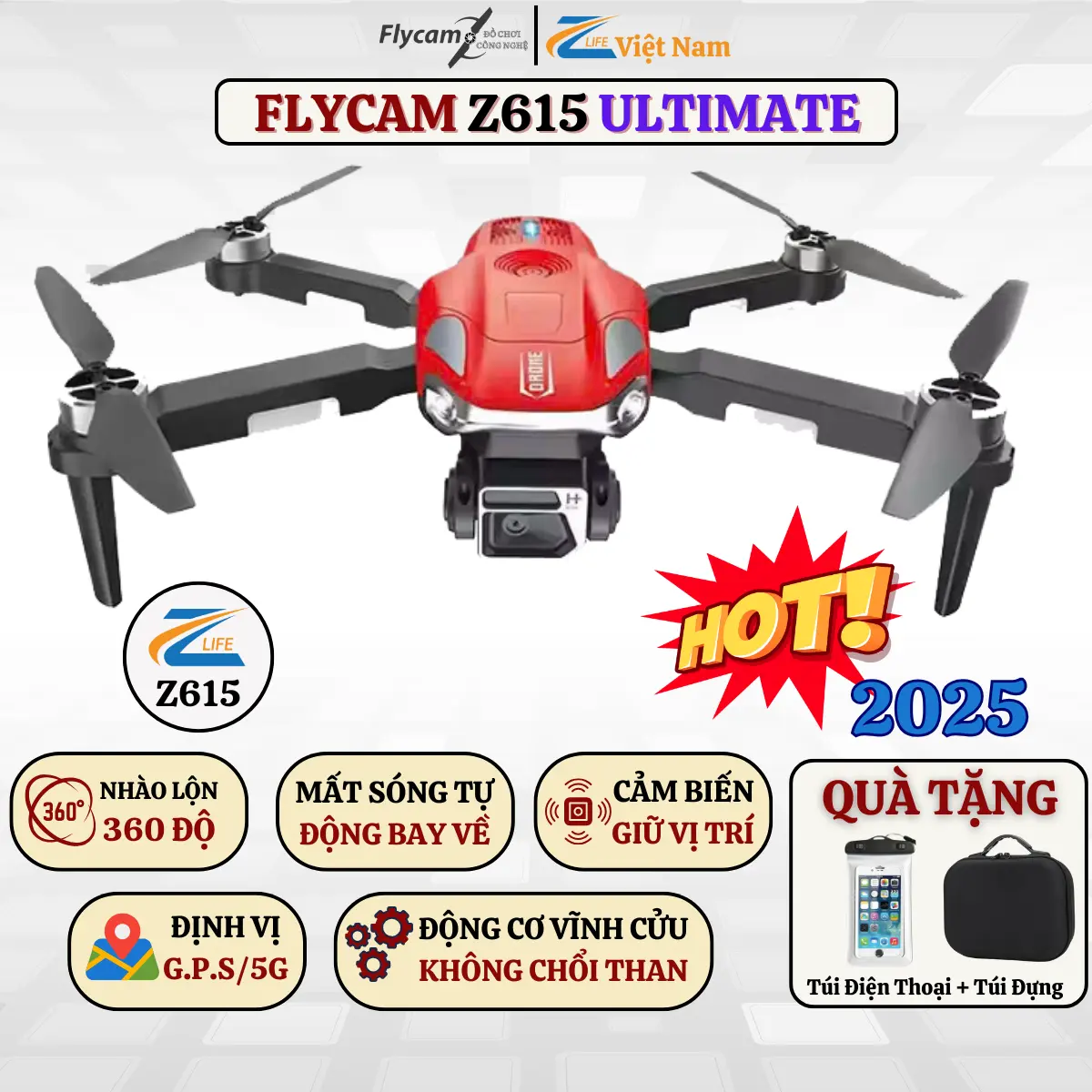 Máy Bay Flycam Z615 Drone Hiệu Zlife, Camera Full HD Quay Phim Chụp Ảnh, Định Vị Vệ Tinh GPS 5G, Động Cơ Không Chổi Than, Thời Gian Bay 10 Phút/Pin, Phù Hợp Cho Các Bạn Đang Tập Bay Silicone, Có Đèn Trợ Sáng Bay Ban Đêm