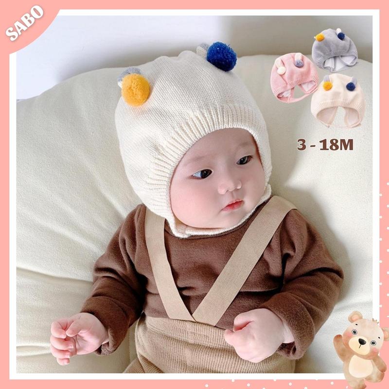 Mũ Len Tai Thỏ Lót Nỉ Có Dây Cài Xinh Xắn Cho Bé, Nón Len Cho Bé 3-18m