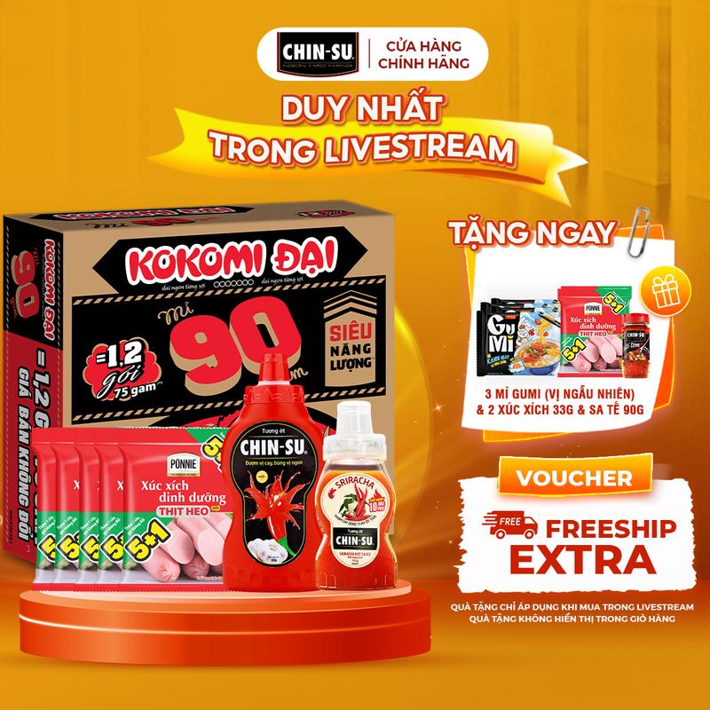 Combo gồm 1 tương ớt sriracha + 1 tương ớt chinsu 250gram + 1 thùng mì kokomi đại 90 tôm chua cay + 5 xúc xích heo ponnie