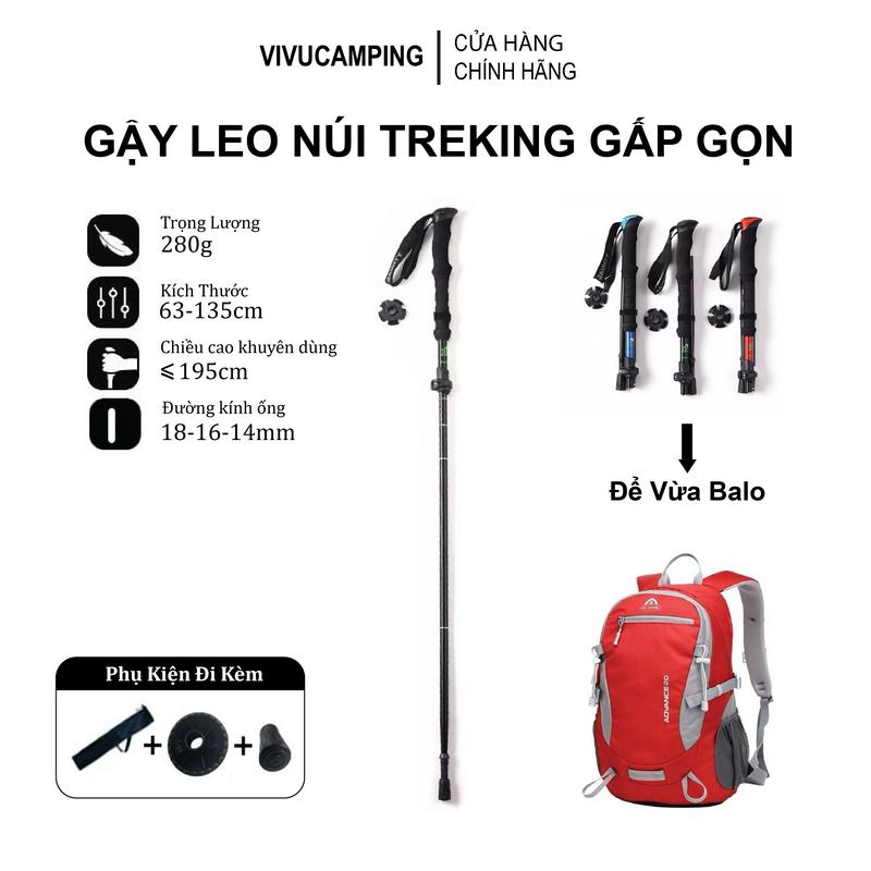 Gậy Leo Núi Carbon Hợp Kim Nhôm Trekking Hikking 135cm Gập Gọn - Tay Cầm Thoải Mái Camping