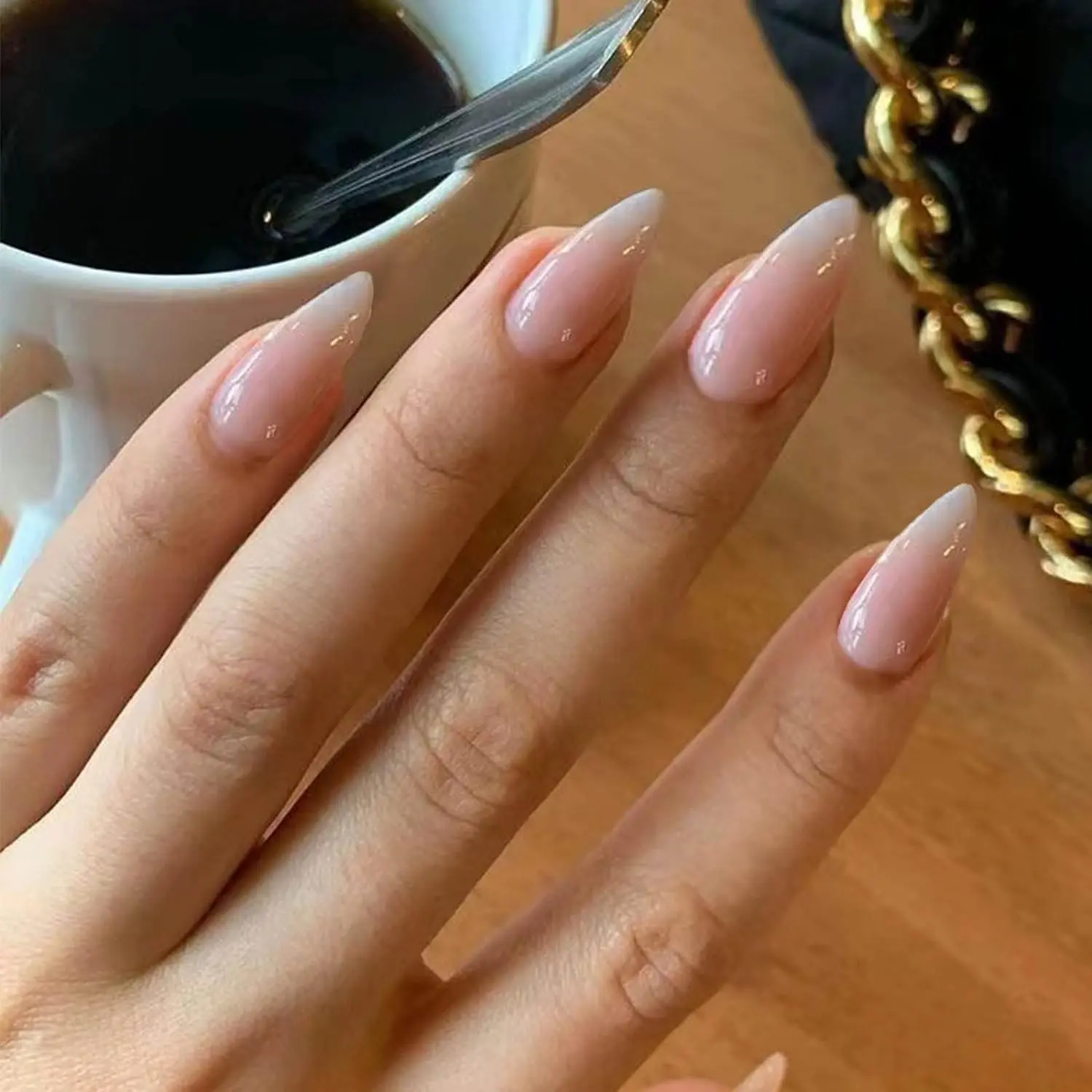 Press on Nails Coffin Fake Nails French Acrylic Long Fake Nails Suitable for Women and Girls 24 Pieces (P-style-22)