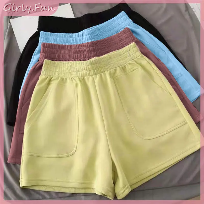 Candy Color Fashion Large Pocket High-Waisted Elasticated Waistband Casual  Shorts