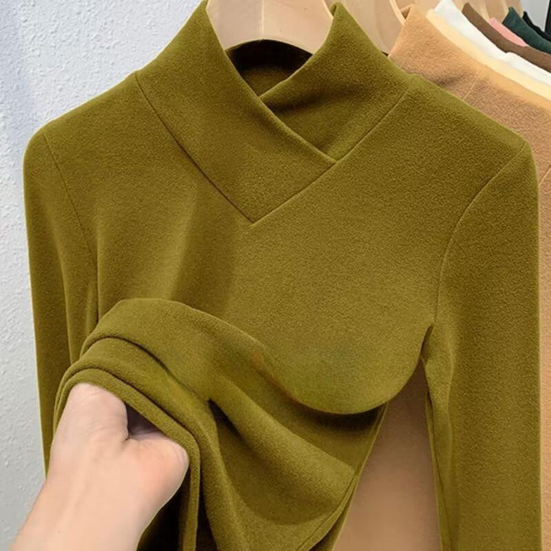 Áo Giữ Nhiệt Cho Nữ, Phong Cách Đường Phố Hàn Quốc, Áo Dài Tay Ngoài Trời Mùa Thu, Cổ Lọ Nửa, Cổ Chéo, Đồ Mặc Bên Trong Ấm Áp, Có 6 Màu, Cỡ S-3XL, Thời Trang Đường Phố 6