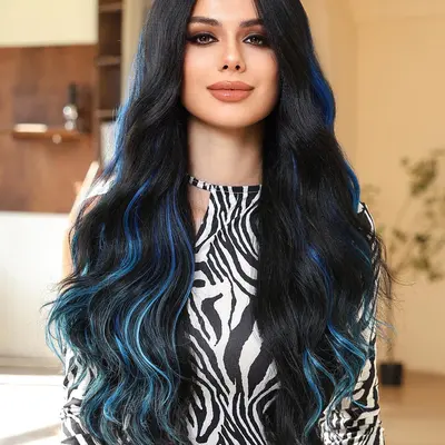 Black wig blue highlights best sale