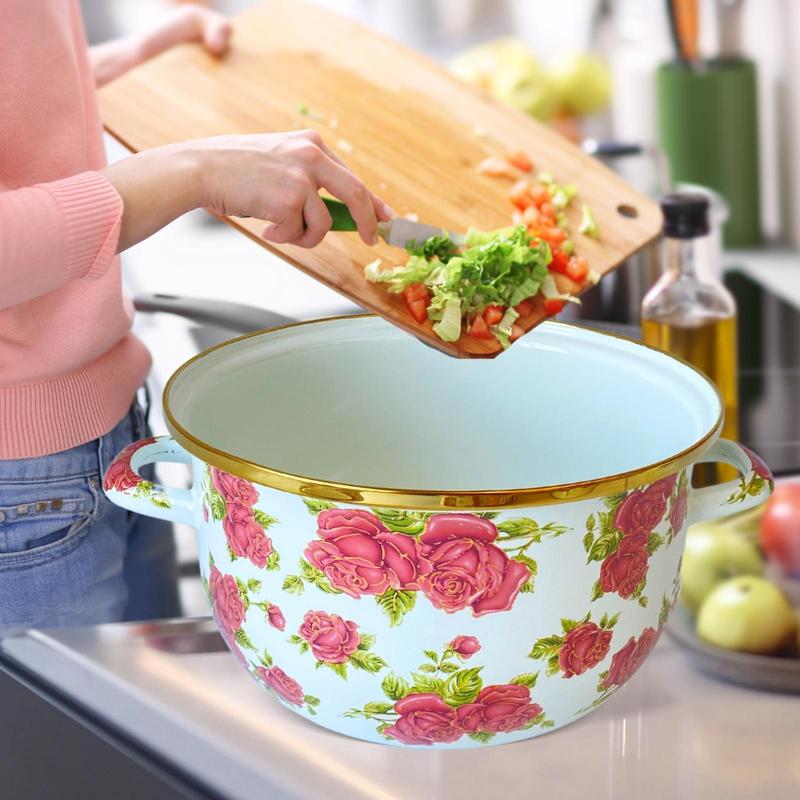 Rose Pattern Enamel Pot with Lid & Handle, 1 Count Vintage Style Flower Pattern Pot, Kitchen Cookware for Home Use, Kitchen Accessories 6