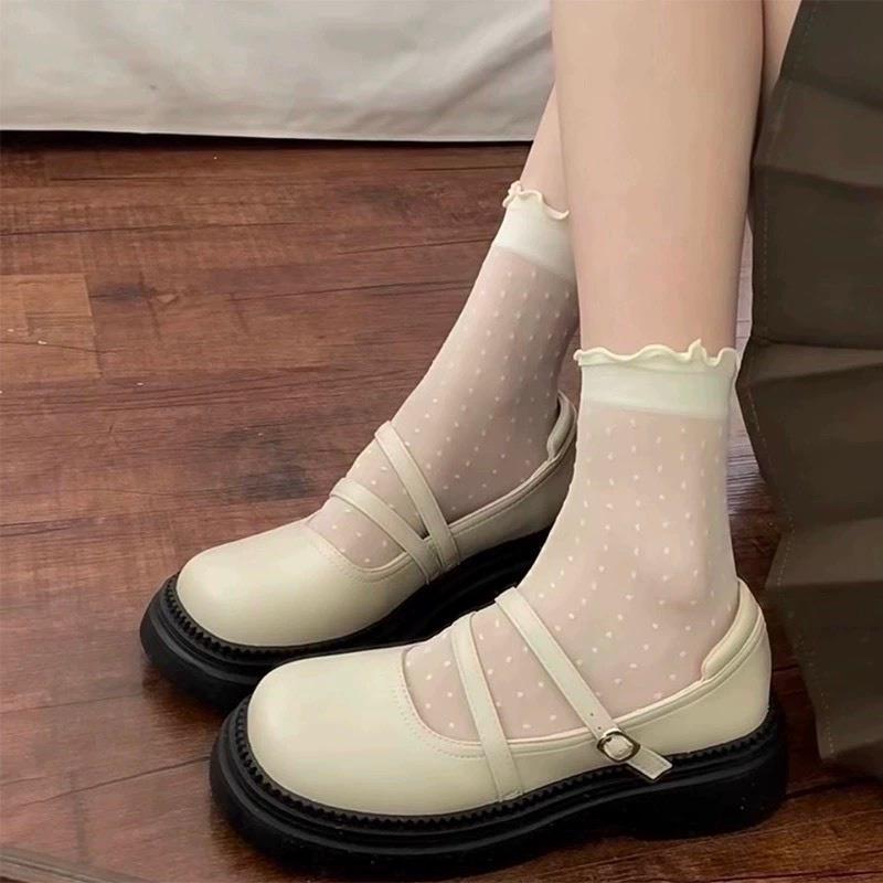 Tất cổ cao nữ phối bèo trong siêu mỏng màu kem be tất thoáng khí TAT01 1