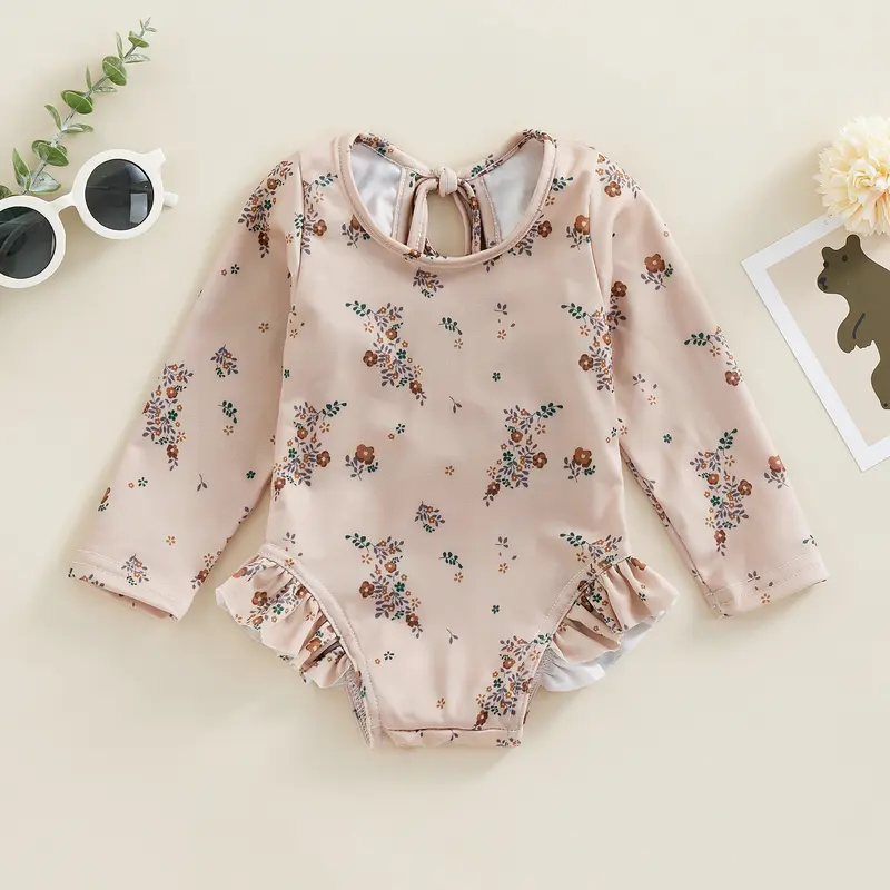 Đồ Bơi Mùa Hè Cho Bé Gái, In Hoa, Áo Jumpsuit Quần Dài Tay Áo Có Bèo Nhún Thích Hợp Cho Đồ Bơi, Đồ Đi Biển, Đồ Tắm 1