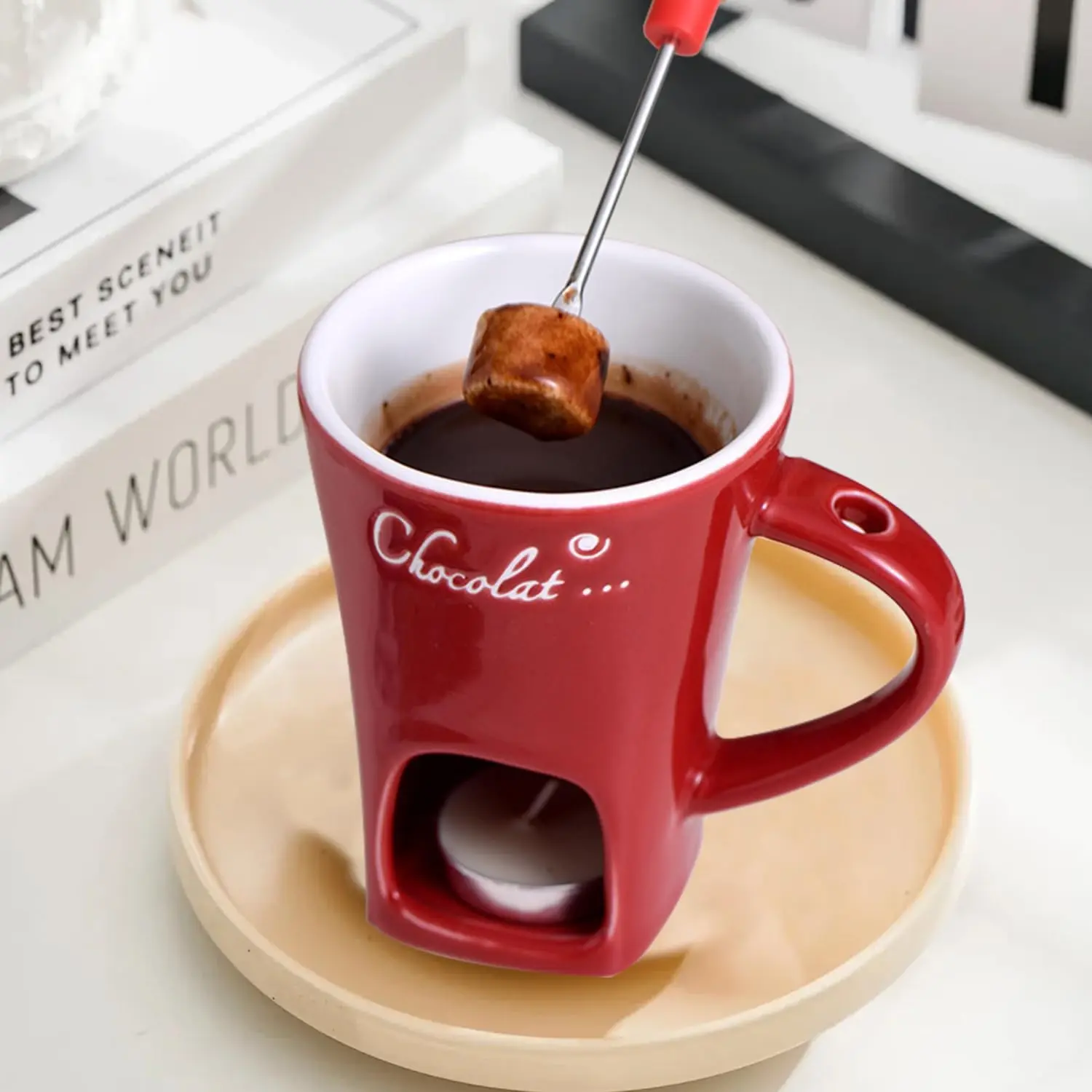 Chocolate Melting Cup with Forks, 1 Count Chocolate Fondue Mug, Sweet Fondue Cup for Home Kitchen Picnic Dining Room