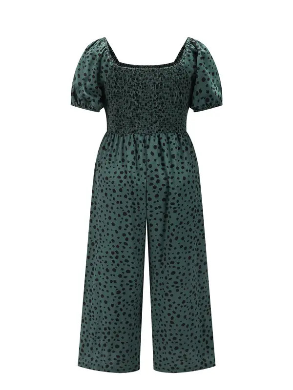 [Plus Size] Ditsy Floral Print Shirred Jumpsuit, Jumpsuits for Women, Boho Fashion Puff Sleeve Square Neck Jumpsuit for Daily Vacation Wear, Women Plus Clothing Overalls for Summer 7