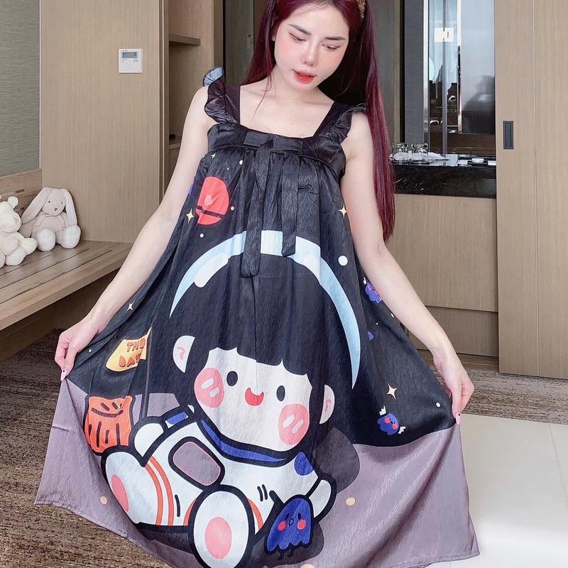 Đầm 2 dây váy ngủ mặc nhà dáng cánh tiên chất lụa xước phom từ 40-65kg Nữ Đầm Ngủ Women Dress 2