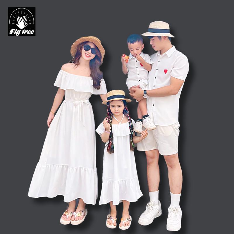 Sét Gia Đình Fig Tree( Sét giá 1 sp) - Aó Sơ Mi Và Đầm Nữ Kiểu  Maxi Trễ Vai Màu Trắng Tinh Khôi , Chất Đũi  Mềm Min, Mát Lên Dáng Siêu Đẹp Cho Gia Đình. 0
