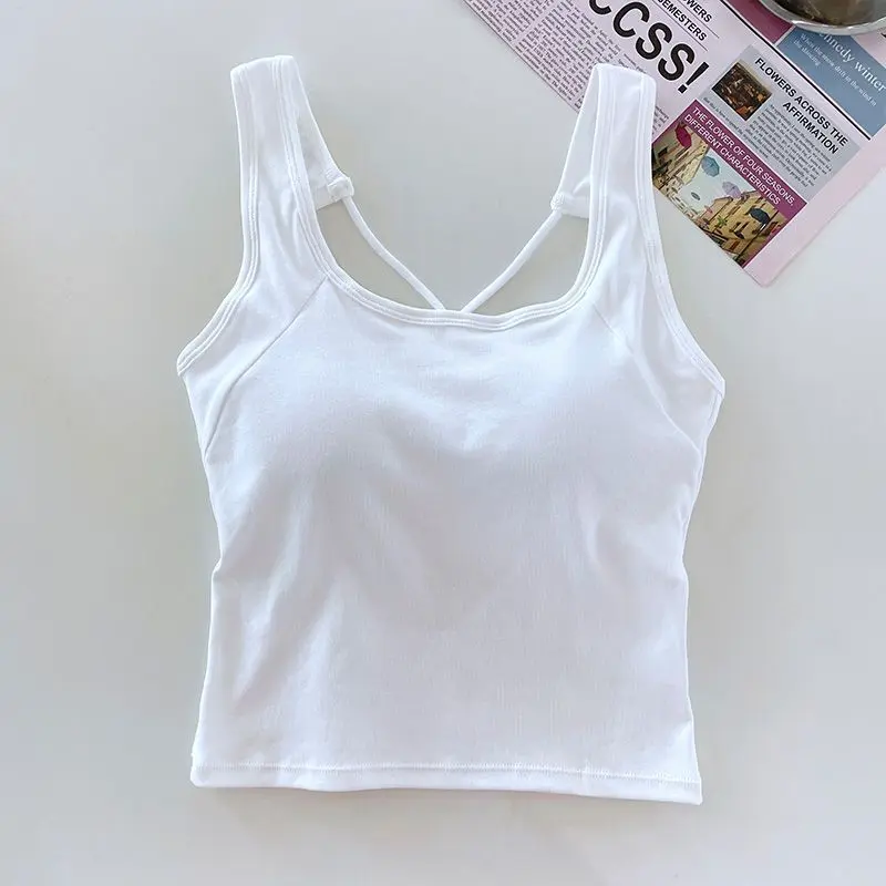 Áo Yếm, Thiết Kế Chéo Mùa Hè, Vẻ Đẹp Lưng, Áo Nữ, Có Đệm Ngực, Có Thể Mặc Bên Trong Hoặc Bên Ngoài, Ngắn, Thích Hợp Cho Thể Thao Cổ Tròn Women Top
