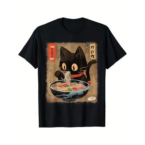 メンズ猫ラーメンアニメTシャツ – 面白さくてかわいいいデザイン、柔らかいらかく快适なラウンドネックTシャツ、通常の服装、旅行する、フィットネスに最适