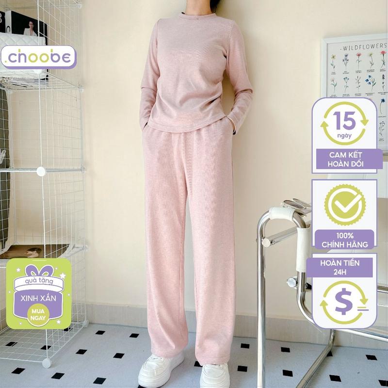 Set đồ nữ Choobe bộ thu đông quần áo dài tay vải len lông nhún eo Q86 + A126